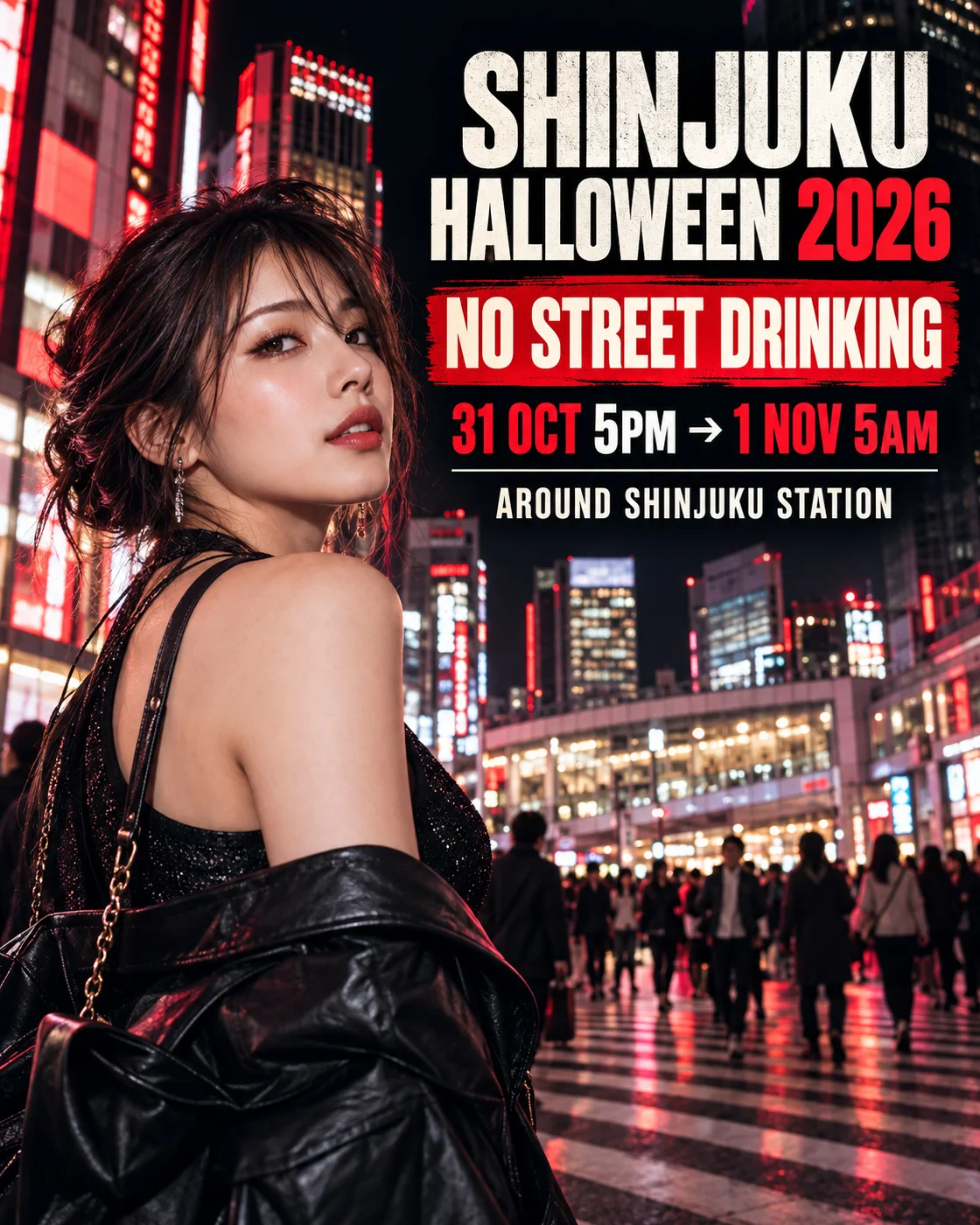 AI-generated premium editorial image of an adult Japanese traveller in neon Shinjuku with the 2026 Halloween street-drinking restriction hours