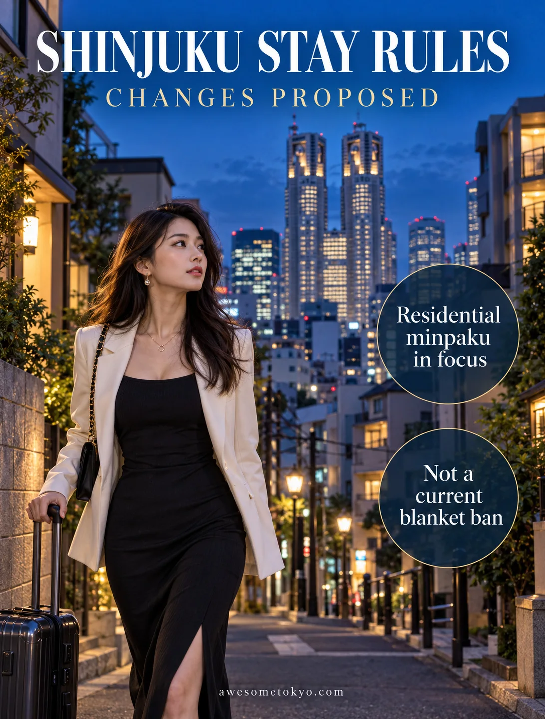 AI-generated editorial illustration of an adult traveller in Shinjuku, with proposed minpaku changes clearly distinguished from a current blanket ban