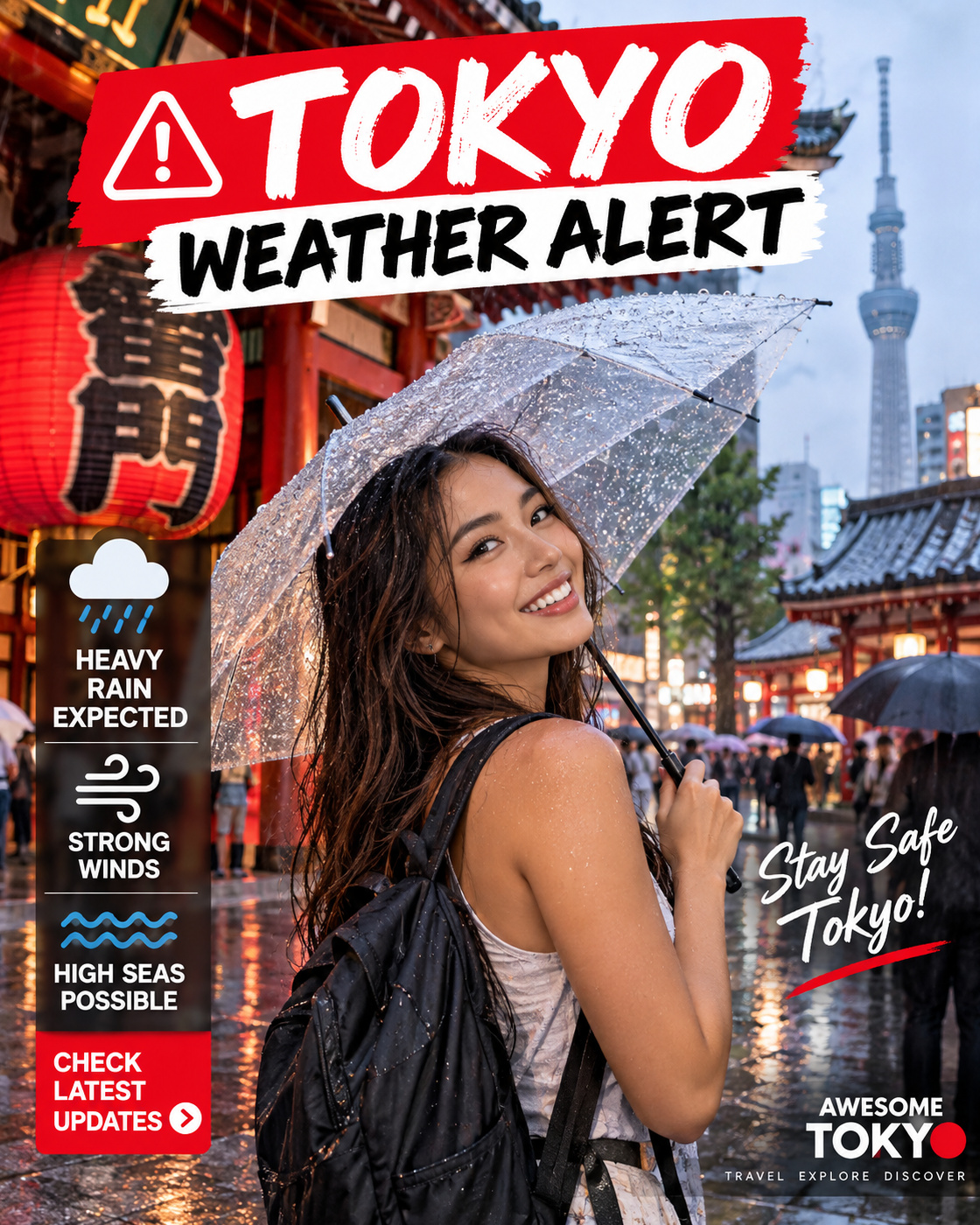 Tokyo heavy rain travel alert infographic for 8 September 2026